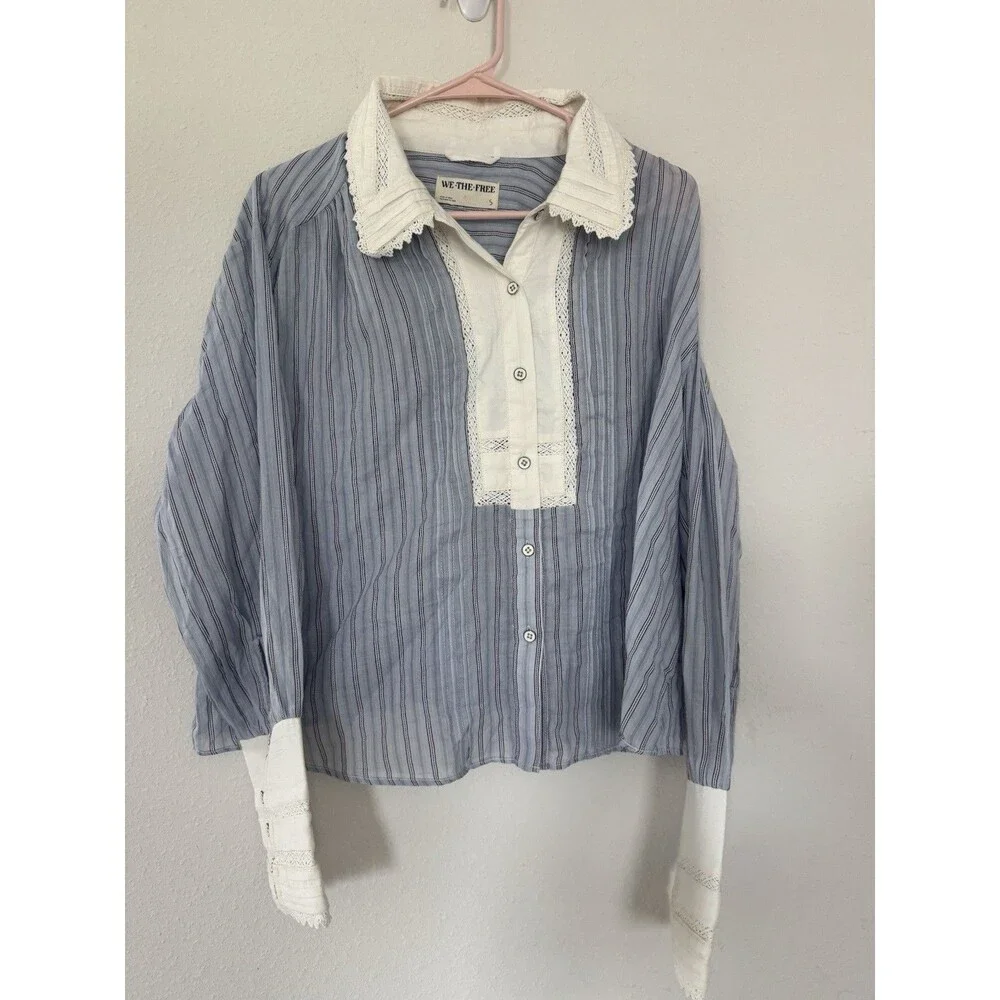 Free People Forever Love Striped Lace Top Romantic Peasant Victorian Size S